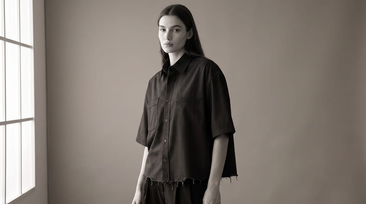 Modelo con camisa rayada oversized SKABBERS bajo luz natural de estudio