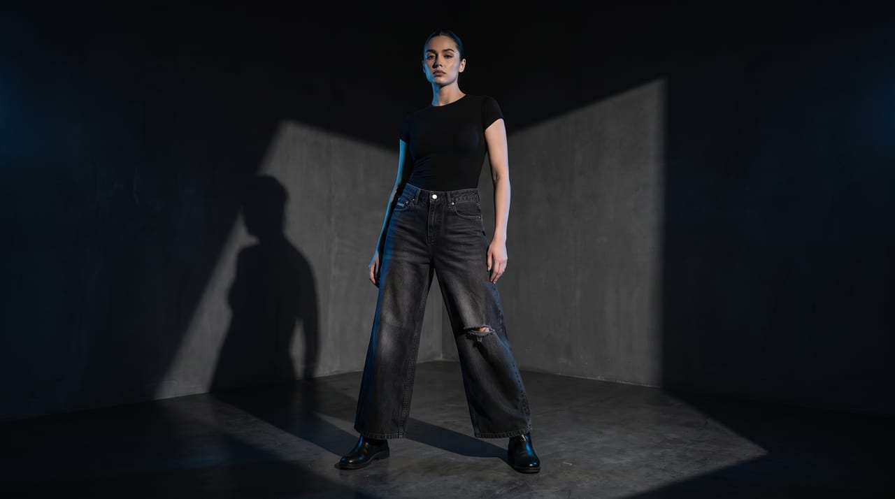 Modelo con jean ancho SKABBERS, fotografía con iluminación arquitectónica